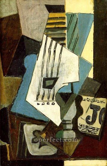 Still life Guitar newspaper glass and ace of clubs 1914 Pablo Picasso Oil Paintings